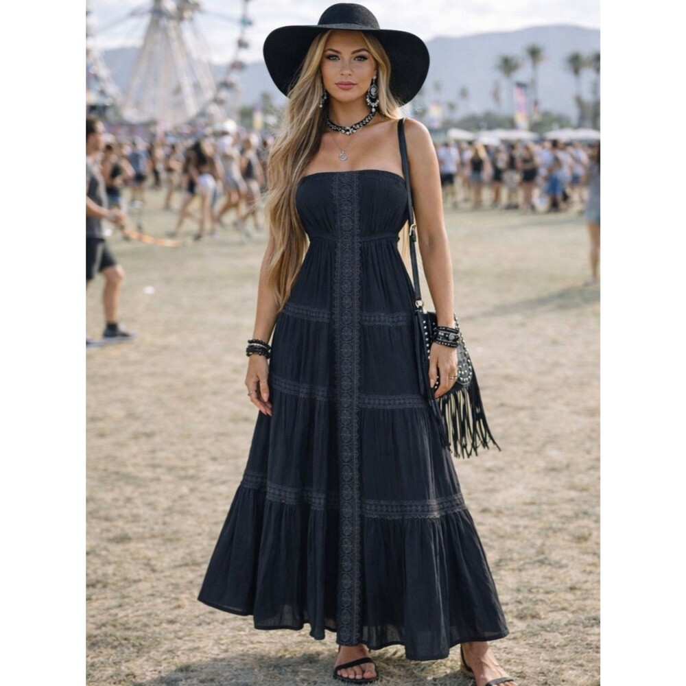 Black Gauzy Maxi Dress M Strapless Whimsy Goth Witchy Boho Festival Vampire